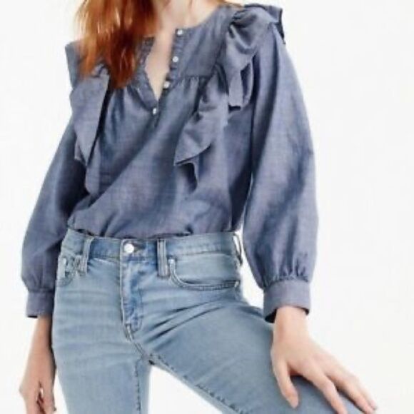 J. CREW Blue Chambray Denim Popover Long Sleeve Shirt Blouse Top Ruffle 4T - Picture 7 of 7